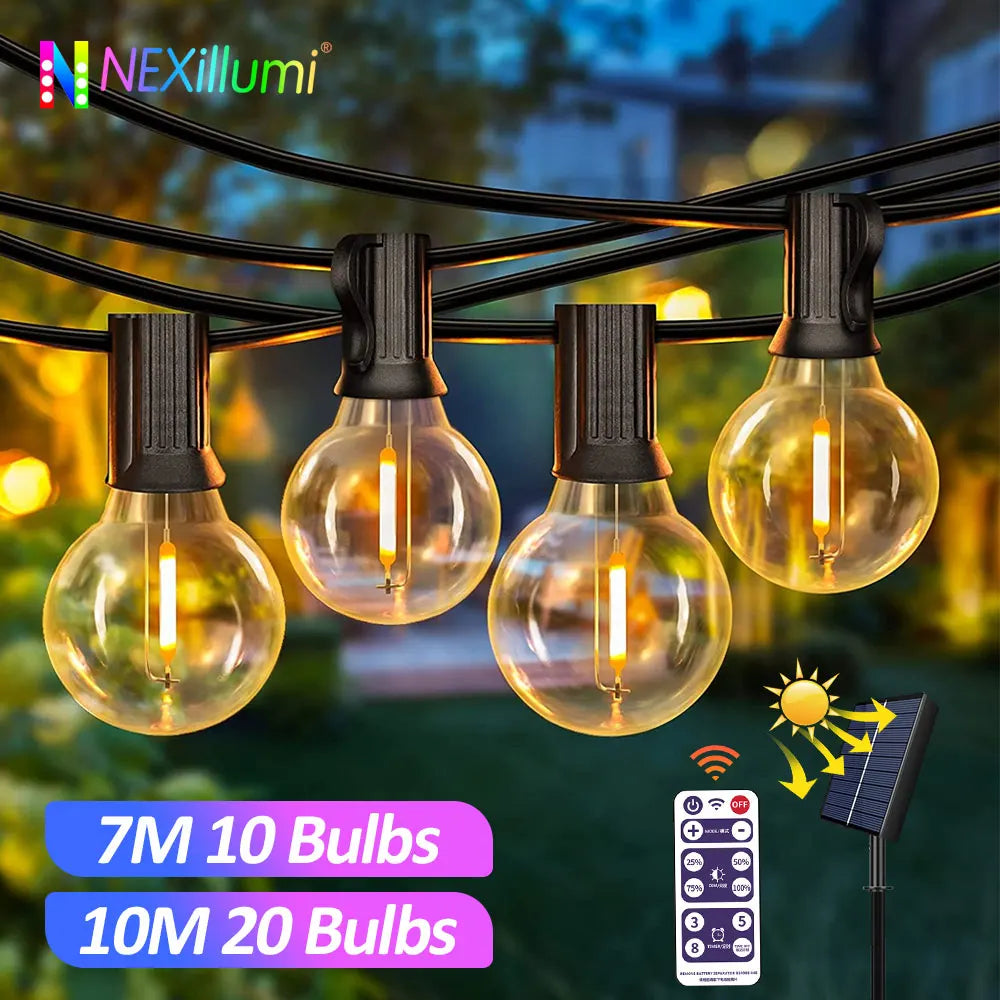 Solar G40 Patio String Lights – USB, 8 Modes, Shatterproof