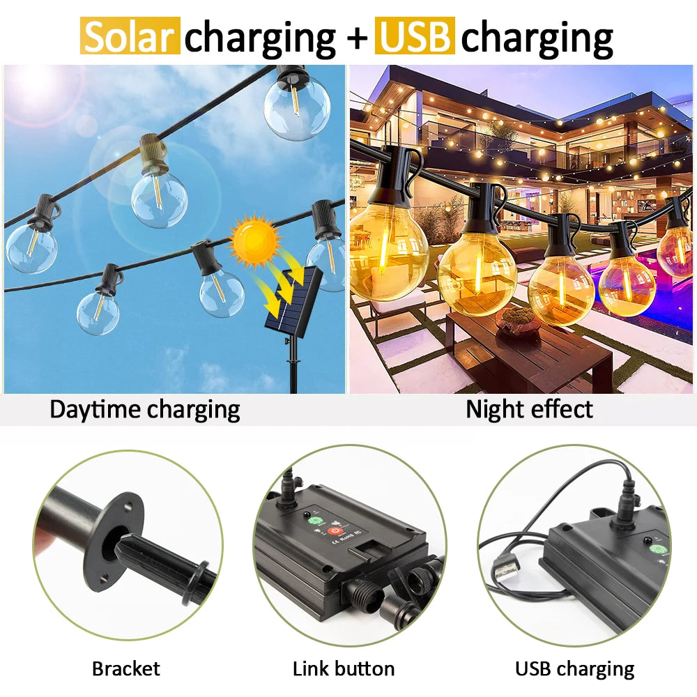 Solar G40 Patio String Lights – USB, 8 Modes, Shatterproof